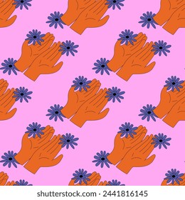 psychedelic seamless pattern-hands with hippie gestures.1970 aesthetics ornament.Rainbow funky and groove vibes.Gestures of hands of different colors.Punk print for clothes,paper.Trippy art,peace