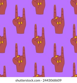 psychedelic seamless pattern-hands with hippie gestures.1970 aesthetics ornament.Rainbow funky and groove vibes.Gestures of hands of different colors.Punk print for clothes,paper.Trippy art,peace