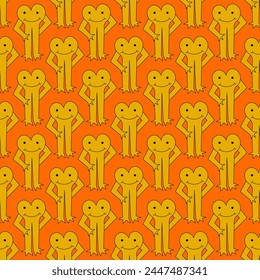 psychedelic seamless pattern-retro heart character with hands and face.Valentine day.Hippie and funky style - only good vibes.Background and ornament for fabric.Y2k vintage print. Groove 1970s back.