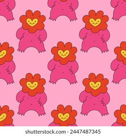 psychedelic seamless pattern-retro heart character with hands and face.Valentine day.Hippie and funky style - only good vibes.Background and ornament for fabric.Y2k vintage print. Groove 1970s back.