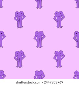 psychedelic seamless pattern-retro heart character with hands and face.Valentine day.Hippie and funky style - only good vibes.Background and ornament for fabric.Y2k vintage print. Groove 1970s back.