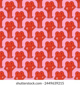 psychedelic seamless pattern-retro heart character with hands and face.Valentine day.Hippie and funky style - only good vibes.Background and ornament for fabric.Y2k vintage print. Groove 1970s back.