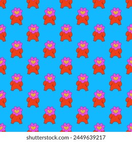 psychedelic seamless pattern-retro heart character with hands and face.Valentine day.Hippie and funky style - only good vibes.Background and ornament for fabric.Y2k vintage print. Groove 1970s back.