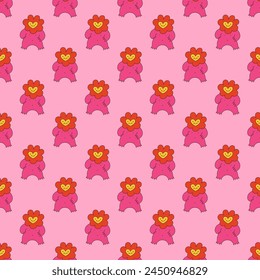 psychedelic seamless pattern-retro heart character with hands and face.Valentine day.Hippie and funky style - only good vibes.Background and ornament for fabric.Y2k vintage print. Groove 1970s back.