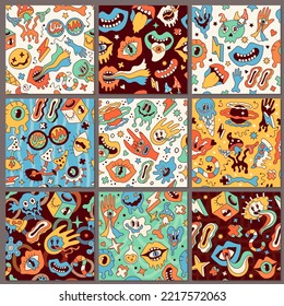 Psychedelic seamless patterns. Funky hippy retro textile design funny symbols in psychodelic colors recent vector template