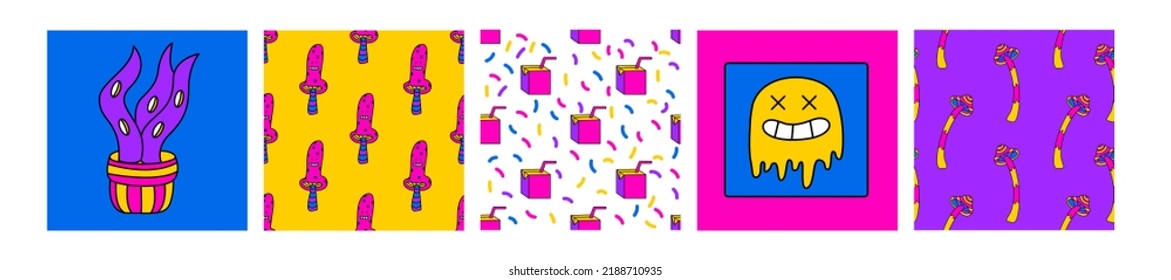 Psychedelic seamless patterns and illustrations set. 1970 vibe. Psychedelic smile. Hallucination patterns. Doodle vector backgrounds. Color acid patterns for textile 