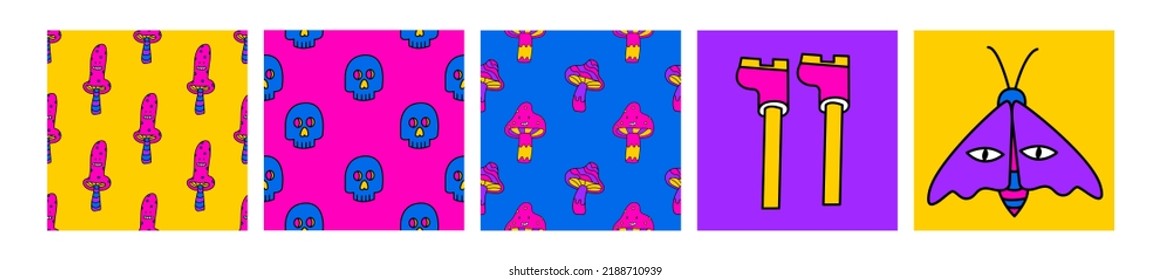 Psychedelic seamless patterns and illustrations set. 1970 vibe. Hallucination patterns. Doodle vector backgrounds. Color acid patterns for textile 