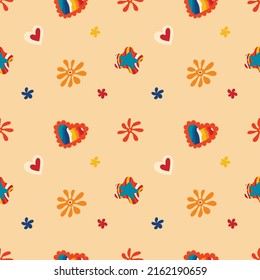 Psychedelic seamless patterns in retro 70s style, groovy hippie backgrounds. Teen cartoon funky print with abstract bright colors, stars, sun, crazy cherries