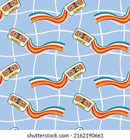 Psychedelic seamless patterns in retro 70s style, groovy hippie backgrounds with a music cassette and a rainbow. Teen cartoon funky print