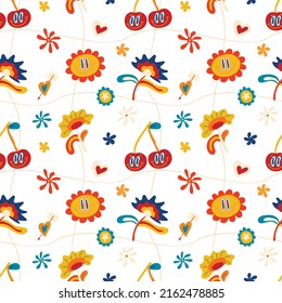 Psychedelic seamless patterns in retro 70s style, groovy hippie backgrounds. Teen cartoon funky print with abstract bright colors, stars, sun, crazy cherries