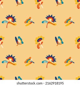 Psychedelic seamless patterns in retro 70s style, groovy hippie backgrounds. Teenage cartoon funky print with abstract bright colors in the hippie style.