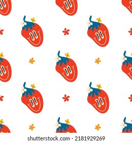 Psychedelic seamless patterns in retro 70s style, groovy hippie backgrounds. Teen print in funk style with creep smiling strawberries and hippie-style flowers.