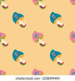 Psychedelic seamless patterns in retro 70s style, groovy hippie backgrounds, crazy mushrooms with eyes. Teenage cartoon print in funky style with abstract bright mushrooms