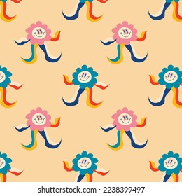 Psychedelic seamless patterns in retro 70s style, groovy hippie backgrounds, hippie flowers with eyes. Teenage cartoon print in funky style with abstract bright mushrooms