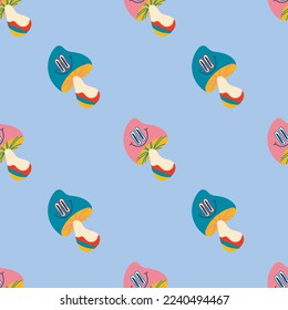 Psychedelic seamless patterns in retro 70s style, groovy hippie backgrounds, crazy mushrooms with eyes. Teenage cartoon print in funky style with abstract bright mushrooms