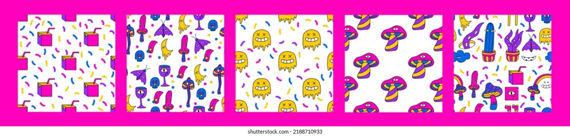 Psychedelic seamless patterns set. 1970 vibe. Hallucination patterns. Doodle vector backgrounds. Color acid patterns for textile 