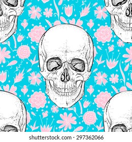 Psychedelic seamless skull pattern with pink flowers on blue background.