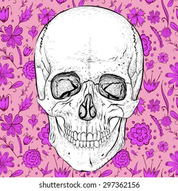 Psychedelic seamless skull pattern with violet flowers on pink background.