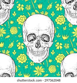 Psychedelic seamless skull pattern with yellow flowers on green background.