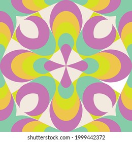 psychedelic seamless surface pattern design, bright rainbow colors, hippies art, optical illusion art