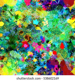 Psychedelic seamless vector background with spots and small leaves. Colorful grunge texture. Floral pattern. Watercolor effect. Green, yellow, red, purple, blue colors