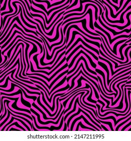 Psychedelic Seamless Vector Pattern. Blended Black Distorted Stripes. Abstract Wavy Background In Metaverse Nft Style. Optical Illusion With Swirl Effect.