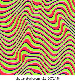 Psychedelic seamless vector pattern. Surreal distorted stripes. Abstract wavy background in metaverse nft style. Optical illusion with swirl glitch effect.