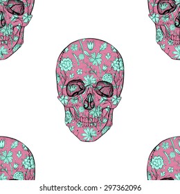 Psychedelic seamless violet skull pattern with blue flowers. White background.