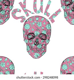 Psychedelic seamless violet skull pattern with blue flowers.