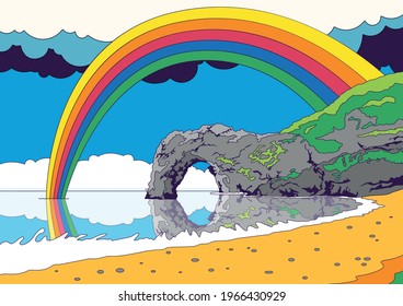 Ilustración psicodélica del paisaje marino, la costa y el arcoiris 