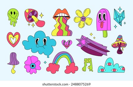 Psychedelic Set. Collection Graphics Stickers of Groovy Cliparts from the 60s 70s. Trend Vector Illustration.