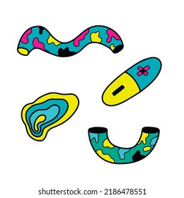 A psychedelic set of fun surreal elements in a psychedelic trendy trippy style. Vector illustration, abstract vector symbols and signs in acid neon colors
