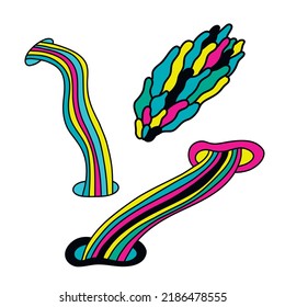 A psychedelic set of fun surreal elements in a psychedelic trendy trippy style. Vector illustration, abstract vector symbols and signs in acid neon colors