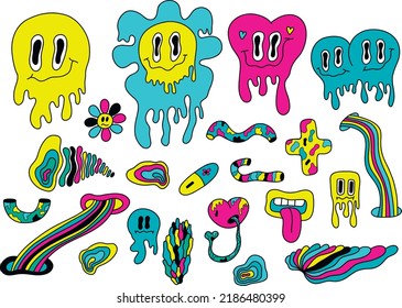 A psychedelic set of funny cartoon emoticons and surreal elements in a psychedelic trendy trippy style. Vector illustration, abstract vector symbols and signs in acid neon colors