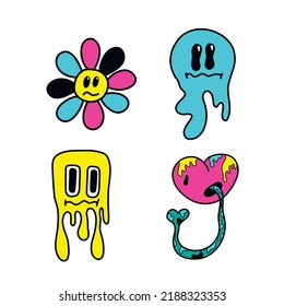 Ein psychedelischer Satz von lustigen Cartoon-Emoticons und surrealen Elementen in einem psychedelischen trendigen Trippy-Stil. Vektorgrafik, abstrakte Vektorsymbole und Zeichen in sauren Neonfarben