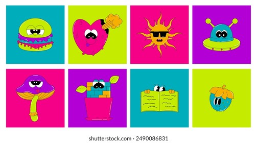 Psychedelic set of groovy characters Mushroom, Sun, Heart and others. Retro elements and stickers in acidic and bright colors. Vector surreal collection