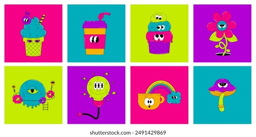 Psychedelic set of groovy characters Mushroom, Sun, Heart and others. Retro elements and stickers in acidic and bright colors. Vector surreal collection