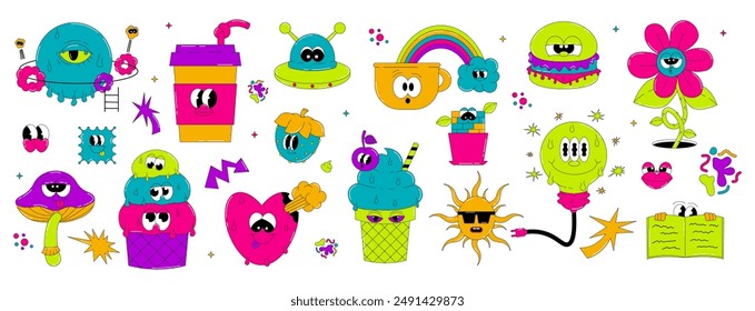 Psychedelic set of groovy characters Mushroom, Sun, Heart and others. Retro elements and stickers in acidic and bright colors. Vector surreal collection