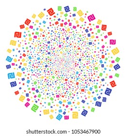 Psychedelic Shekel decoration sphere. Vector round cluster explosion combined by scattered shekel symbols. Multicolored Vector illustration.