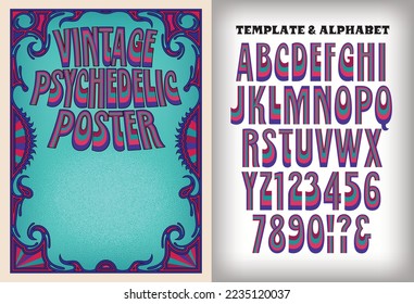A psychedelic sixties poster template in vintage hippie style, with a matching alphabet design.