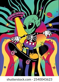 Patinador psicodélico extraterrestre en una galaxia loca. Funky, drogas, groovy, extraterrestres, planetas, estrellas, concepto de Vector espacial