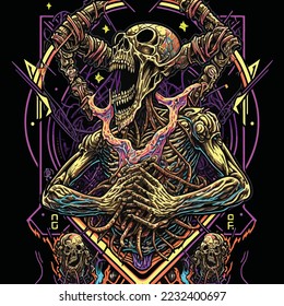 Psychedelic skeleton demon illustration. Heavy Metal Apparel Tattoo. Dark Art.