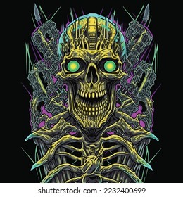 Psychedelic skeleton demon illustration. Heavy Metal Apparel Tattoo. Dark Art.