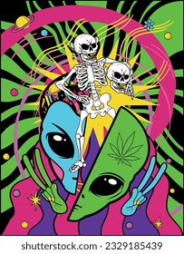 Psychedelic skeleton double face alien in outer space, hippie killer acid lcd journey to outer space, trippy ship, green space, reptilian humanoid, robots trip, with cannabis, weed and colorfull backg