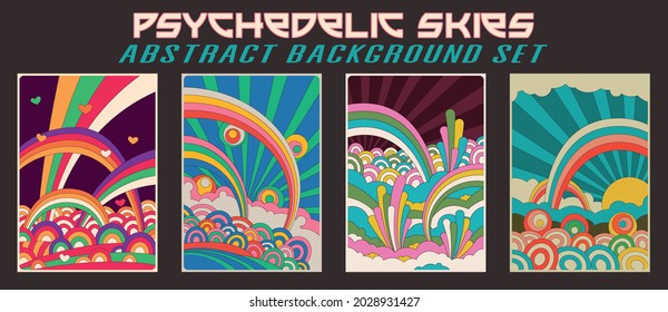 Psychedelic Skies, Abstract Background Set, Vintage Psychedelic Colors, Rainbows, Clouds, Fantastic Flowers