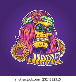 Pintura de calavera psicodélica ilustraciones hippie boho-chic ilustraciones vectoriales para el logo de su trabajo, camiseta de mercancía, pegatinas y diseños de etiquetas, afiche, tarjetas de felicitación publicidad 