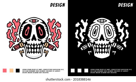 Psychedelic skull head in retro style. illustration for t shirt, poster, logo, sticker, or apparel merchandise.