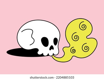 Icono del cráneo psicodélico. El humo amarillo sale de la cabeza del esqueleto. Magia, imaginación y fantasía, alucinaciones. Afiche o banner para sitio web, elemento gráfico. Dibujo vectorial plano de dibujos animados