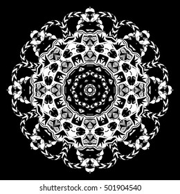 Psychedelic Skull Mandala Black and White Vector Illustration