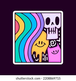 Psychedelic skull, melted emoji, and rainbow doodle art, illustration for t-shirt, sticker, or apparel merchandise. With modern pop style.